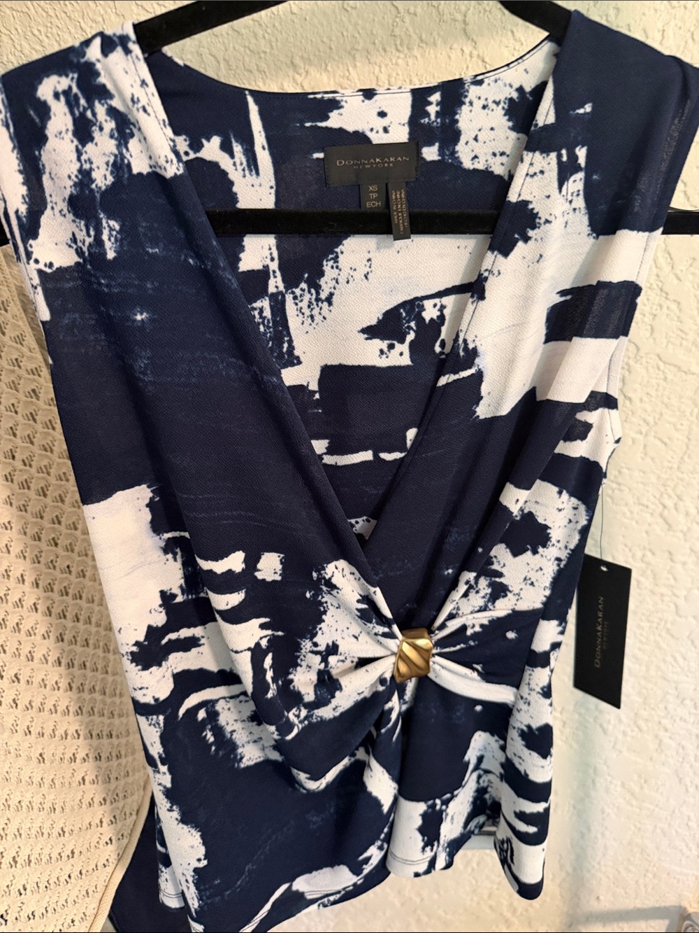 Donna Karan Navy & White Knot-Front V-Neck Tank with Gold Accent